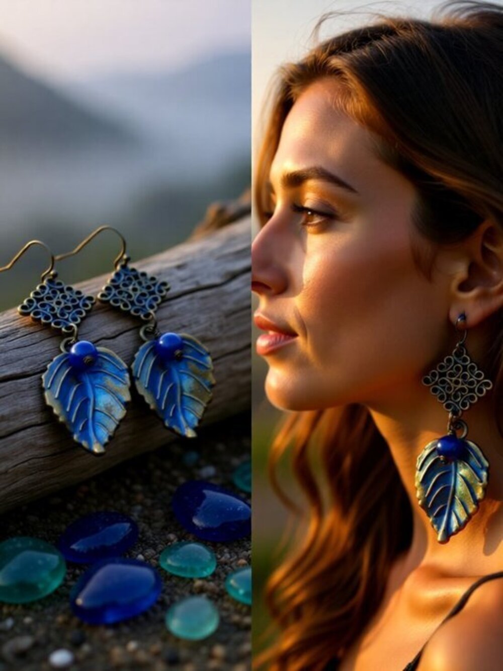 Handmade: Patina Painted Bronze Leaf Dangle Earrings - Unique & Feminine